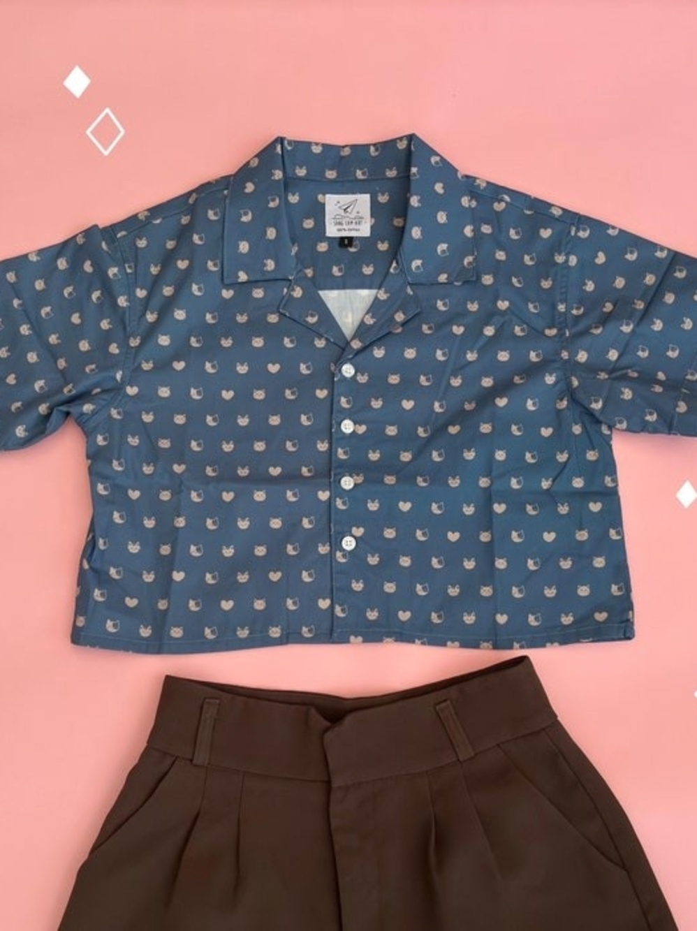 Blue Cropped Button Up Shirt Cat Pattern